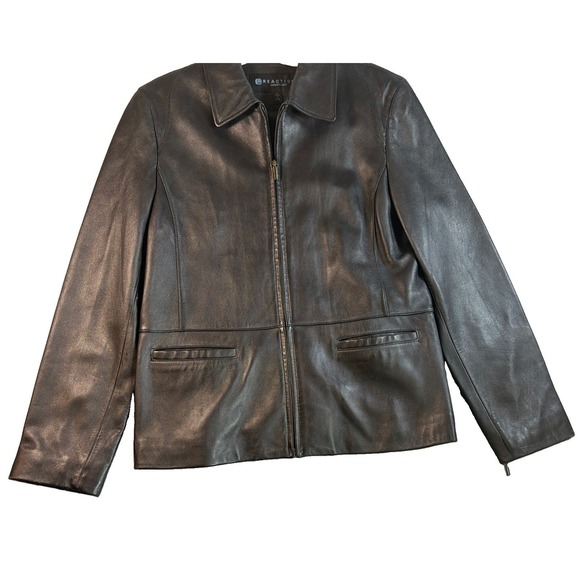 Reaction Kenneth Cole Jackets & Blazers - Womens,Leather Jacket,Reaction Kenneth Cole,L,Black,Zip Up Collared KM92413-BLK